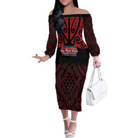 Personalised Keep Maori Wards New Zealand Off The Shoulder Long Sleeve Dress Stronger Together Aotearoa Taniko - Polynesian Pride