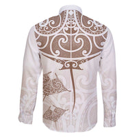 New Zealand Manta Ray Tattoo Family Matching Off The Shoulder Long Sleeve Dress and Hawaiian Shirt Aotearoa Maori Haehae Beige LT14 - Polynesian Pride