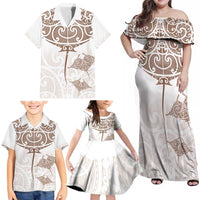 New Zealand Manta Ray Tattoo Family Matching Off Shoulder Maxi Dress and Hawaiian Shirt Aotearoa Maori Haehae Beige LT14 - Polynesian Pride