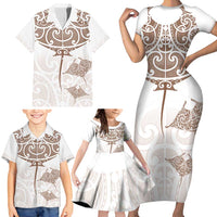 New Zealand Manta Ray Tattoo Family Matching Short Sleeve Bodycon Dress and Hawaiian Shirt Aotearoa Maori Haehae Beige LT14 - Polynesian Pride