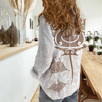 New Zealand Manta Ray Tattoo Women Casual Shirt Aotearoa Maori Haehae Beige LT14 - Polynesian Pride