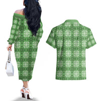 Green Hawaiian Quilt Couples Matching Off The Shoulder Long Sleeve Dress and Hawaiian Shirt Hawaii Pineapple Monstera Palaka Motifs LT14 - Polynesian Pride