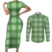 Green Hawaiian Quilt Couples Matching Short Sleeve Bodycon Dress and Long Sleeve Button Shirt Hawaii Pineapple Monstera Palaka Motifs LT14 Green - Polynesian Pride