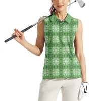 Green Hawaiian Quilt Women Sleeveless Polo Shirt Hawaii Pineapple Monstera Palaka Motifs - Polynesian Pride