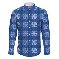 Royal Blue Hawaiian Quilt Family Matching Off The Shoulder Long Sleeve Dress and Hawaiian Shirt Hawaii Pineapple Monstera Palaka Motifs LT14 Dad's Shirt - Long Sleeve Royal Blue - Polynesian Pride