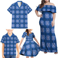 Royal Blue Hawaiian Quilt Family Matching Off Shoulder Maxi Dress and Hawaiian Shirt Hawaii Pineapple Monstera Palaka Motifs LT14 - Polynesian Pride