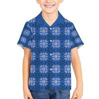 Royal Blue Hawaiian Quilt Family Matching Off Shoulder Short Dress and Hawaiian Shirt Hawaii Pineapple Monstera Palaka Motifs LT14 Son's Shirt Royal Blue - Polynesian Pride