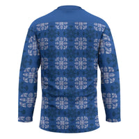 Royal Blue Hawaiian Quilt Hockey Jersey Hawaii Pineapple Monstera Palaka Motifs - Polynesian Pride