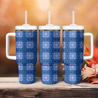 Royal Blue Hawaiian Quilt Tumbler With Handle Hawaii Pineapple Monstera Palaka Motifs - Polynesian Pride