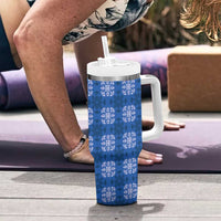 Royal Blue Hawaiian Quilt Tumbler With Handle Hawaii Pineapple Monstera Palaka Motifs - Polynesian Pride