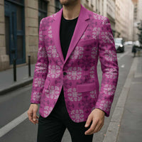 Pink Hawaiian Quilt Blazer Hawaii Pineapple Monstera Palaka Motifs - Polynesian Pride