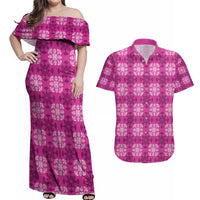Pink Hawaiian Quilt Couples Matching Off Shoulder Maxi Dress and Hawaiian Shirt Hawaii Pineapple Monstera Palaka Motifs LT14 Pink - Polynesian Pride