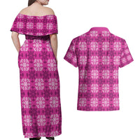 Pink Hawaiian Quilt Couples Matching Off Shoulder Maxi Dress and Hawaiian Shirt Hawaii Pineapple Monstera Palaka Motifs LT14 - Polynesian Pride