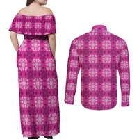 Pink Hawaiian Quilt Couples Matching Off Shoulder Maxi Dress and Long Sleeve Button Shirt Hawaii Pineapple Monstera Palaka Motifs - Polynesian Pride