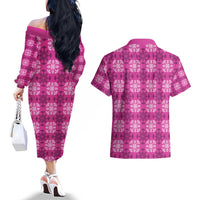 Pink Hawaiian Quilt Couples Matching Off The Shoulder Long Sleeve Dress and Hawaiian Shirt Hawaii Pineapple Monstera Palaka Motifs LT14 - Polynesian Pride