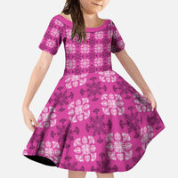 Pink Hawaiian Quilt Family Matching Off Shoulder Maxi Dress and Hawaiian Shirt Hawaii Pineapple Monstera Palaka Motifs LT14 Daughter's Dress Pink - Polynesian Pride
