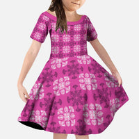 Pink Hawaiian Quilt Family Matching Short Sleeve Bodycon Dress and Hawaiian Shirt Hawaii Pineapple Monstera Palaka Motifs LT14 Daughter's Dress Pink - Polynesian Pride