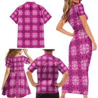 Pink Hawaiian Quilt Family Matching Short Sleeve Bodycon Dress and Hawaiian Shirt Hawaii Pineapple Monstera Palaka Motifs LT14 - Polynesian Pride