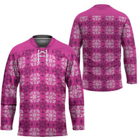 Pink Hawaiian Quilt Hockey Jersey Hawaii Pineapple Monstera Palaka Motifs - Polynesian Pride