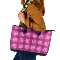 Pink Hawaiian Quilt Leather Tote Bag Hawaii Pineapple Monstera Palaka Motifs - Polynesian Pride