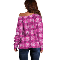 Pink Hawaiian Quilt Off Shoulder Sweater Hawaii Pineapple Monstera Palaka Motifs LT14 - Polynesian Pride