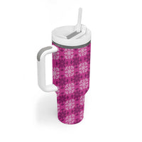 Pink Hawaiian Quilt Tumbler With Handle Hawaii Pineapple Monstera Palaka Motifs - Polynesian Pride