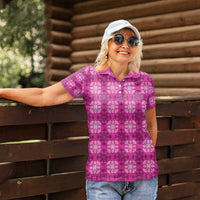 Pink Hawaiian Quilt Women Polo Shirt Hawaii Pineapple Monstera Palaka Motifs - Polynesian Pride