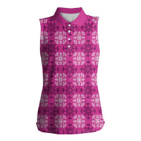 Pink Hawaiian Quilt Women Sleeveless Polo Shirt Hawaii Pineapple Monstera Palaka Motifs - Polynesian Pride