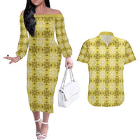Yellow Hawaiian Quilt Couples Matching Off The Shoulder Long Sleeve Dress and Hawaiian Shirt Hawaii Pineapple Monstera Palaka Motifs LT14 Yellow - Polynesian Pride