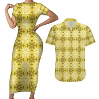 Yellow Hawaiian Quilt Couples Matching Short Sleeve Bodycon Dress and Hawaiian Shirt Hawaii Pineapple Monstera Palaka Motifs LT14 Yellow - Polynesian Pride