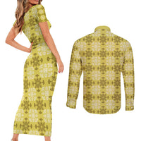 Yellow Hawaiian Quilt Couples Matching Short Sleeve Bodycon Dress and Long Sleeve Button Shirt Hawaii Pineapple Monstera Palaka Motifs LT14 - Polynesian Pride