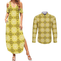 Yellow Hawaiian Quilt Couples Matching Summer Maxi Dress and Long Sleeve Button Shirt Hawaii Pineapple Monstera Palaka Motifs - Polynesian Pride