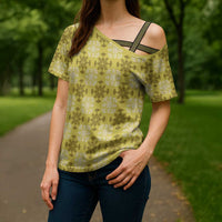 Yellow Hawaiian Quilt Cross Shoulder Shirt Hawaii Pineapple Monstera Palaka Motifs - Polynesian Pride