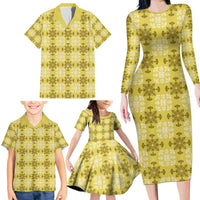 Yellow Hawaiian Quilt Family Matching Long Sleeve Bodycon Dress and Hawaiian Shirt Hawaii Pineapple Monstera Palaka Motifs LT14 - Polynesian Pride
