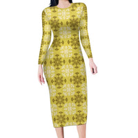 Yellow Hawaiian Quilt Family Matching Long Sleeve Bodycon Dress and Hawaiian Shirt Hawaii Pineapple Monstera Palaka Motifs LT14 Mom's Dress Yellow - Polynesian Pride