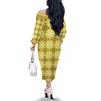 Yellow Hawaiian Quilt Family Matching Off The Shoulder Long Sleeve Dress and Hawaiian Shirt Hawaii Pineapple Monstera Palaka Motifs LT14 - Polynesian Pride