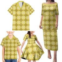 Yellow Hawaiian Quilt Family Matching Puletasi and Hawaiian Shirt Hawaii Pineapple Monstera Palaka Motifs LT14 - Polynesian Pride