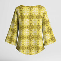 Yellow Hawaiian Quilt Kimono Sleeve Blouse Hawaii Pineapple Monstera Palaka Motifs - Polynesian Pride