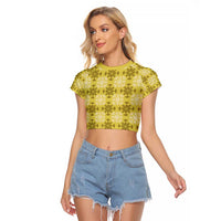 Yellow Hawaiian Quilt Raglan Cropped T Shirt Hawaii Pineapple Monstera Palaka Motifs - Polynesian Pride