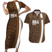 Bula Fiji Football Custom Couples Matching Short Sleeve Bodycon Dress and Hawaiian Shirt One Vanua One Team Tapa Pattern LT14 Brown - Polynesian Pride