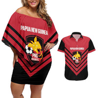 Hekari Papua New Guinea Football Custom Couples Matching Off Shoulder Short Dress and Hawaiian Shirt Go PNG Red Army LT14 Red - Polynesian Pride