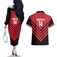 Hekari Papua New Guinea Football Custom Couples Matching Off The Shoulder Long Sleeve Dress and Hawaiian Shirt Go PNG Red Army LT14 - Polynesian Pride