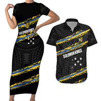 Kings Solomon Islands Football Custom Couples Matching Short Sleeve Bodycon Dress and Hawaiian Shirt Come On Solomons Polynesian Grunge Style LT14 Black - Polynesian Pride