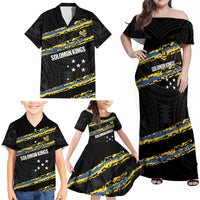 Kings Solomon Islands Football Custom Family Matching Off Shoulder Maxi Dress and Hawaiian Shirt Come On Solomons Polynesian Grunge Style LT14 - Polynesian Pride