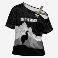 New Zealand South Island Football Custom Cross Shoulder Shirt Aoraki Mount Cook With Kiwi Maori Pattern LT14 Female Black - Polynesian Pride