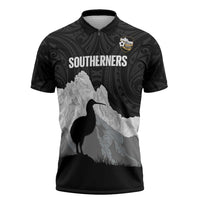 New Zealand South Island Football Custom Zipper Polo Shirt Aoraki Mount Cook With Kiwi Maori Pattern LT14 Black - Polynesian Pride