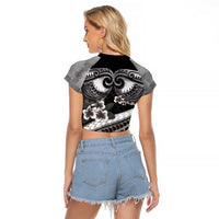 Black Polynesia Raglan Cropped T Shirt Tribal Pattern Tropical Frangipani
