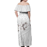 White Polynesia Off Shoulder Maxi Dress Tribal Pattern Tropical Frangipani