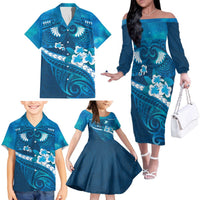 Blue Polynesia Family Matching Off The Shoulder Long Sleeve Dress and Hawaiian Shirt Tribal Pattern Tropical Frangipani