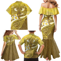 Gold Polynesia Family Matching Mermaid Dress and Hawaiian Shirt Tribal Pattern Tropical Frangipani